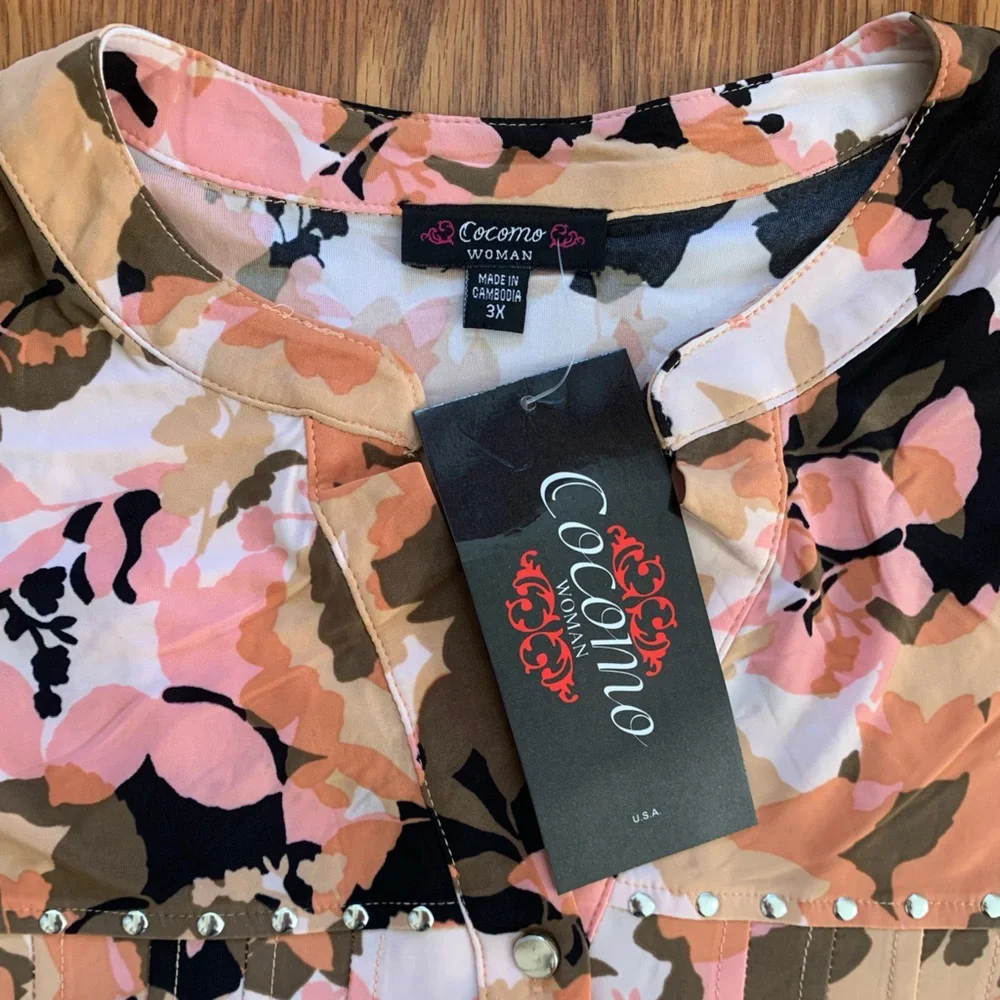 COCOMO 3X Beige Pink Studded 3/4 sleeve Plus Size women’s Pintuck Blouse t…_8